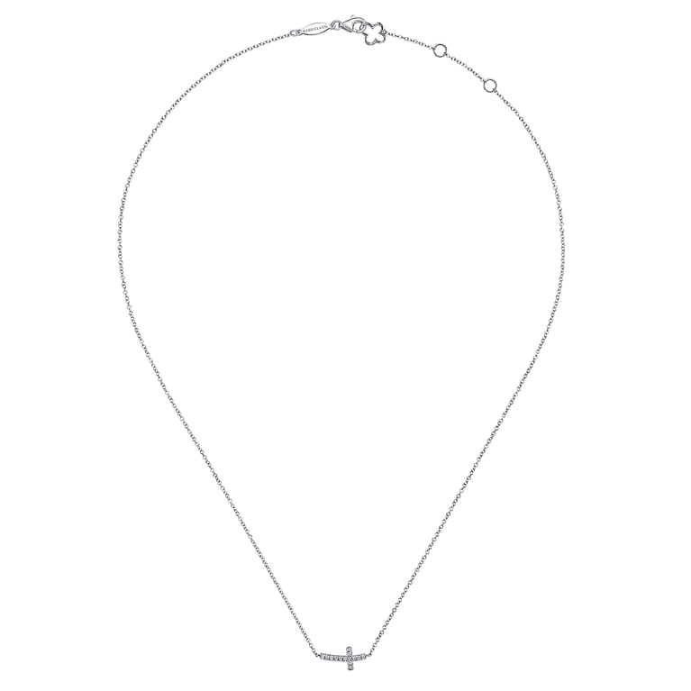 14K White Gold Sideways Curved Diamond Cross Necklace - 0.07 ct - Shot 2