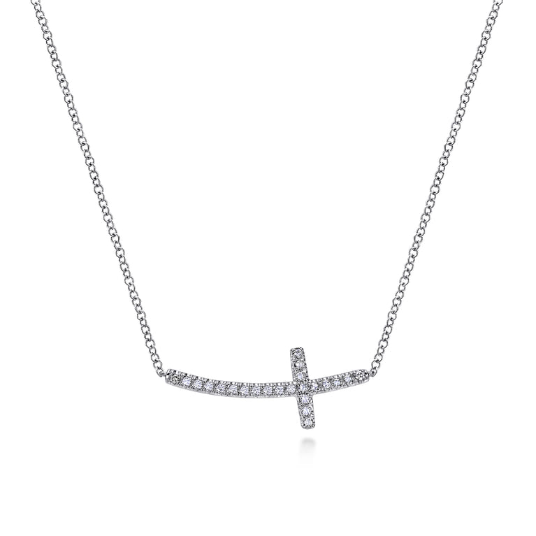 14K White Gold Sideways Curved Diamond Cross Necklace - 0.17 ct - Shot 1