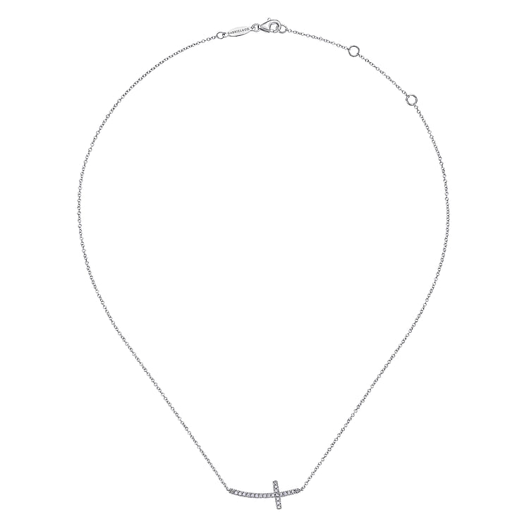 14K White Gold Sideways Curved Diamond Cross Necklace