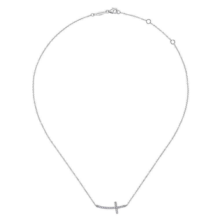 14K White Gold Sideways Curved Diamond Cross Necklace - 0.17 ct - Shot 2