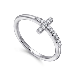 14K White Gold Sideways Diamond Cross Ring
