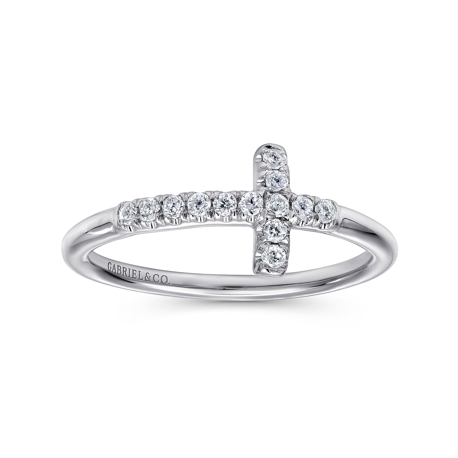 14K White Gold Sideways Diamond Cross Ring
