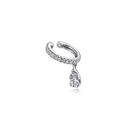 14K White Gold Single Diamond Ear Cuff with Teardrop Charm