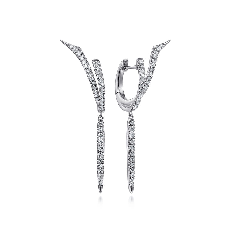 14K White Gold Spiked 10mm Diamond Huggie Drop Earrings - 0.6 ct - Shot 1