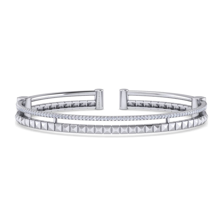 14K White Gold Split Cuff with Pyramids and Diamonds - 0.4 ct - Shot 1
