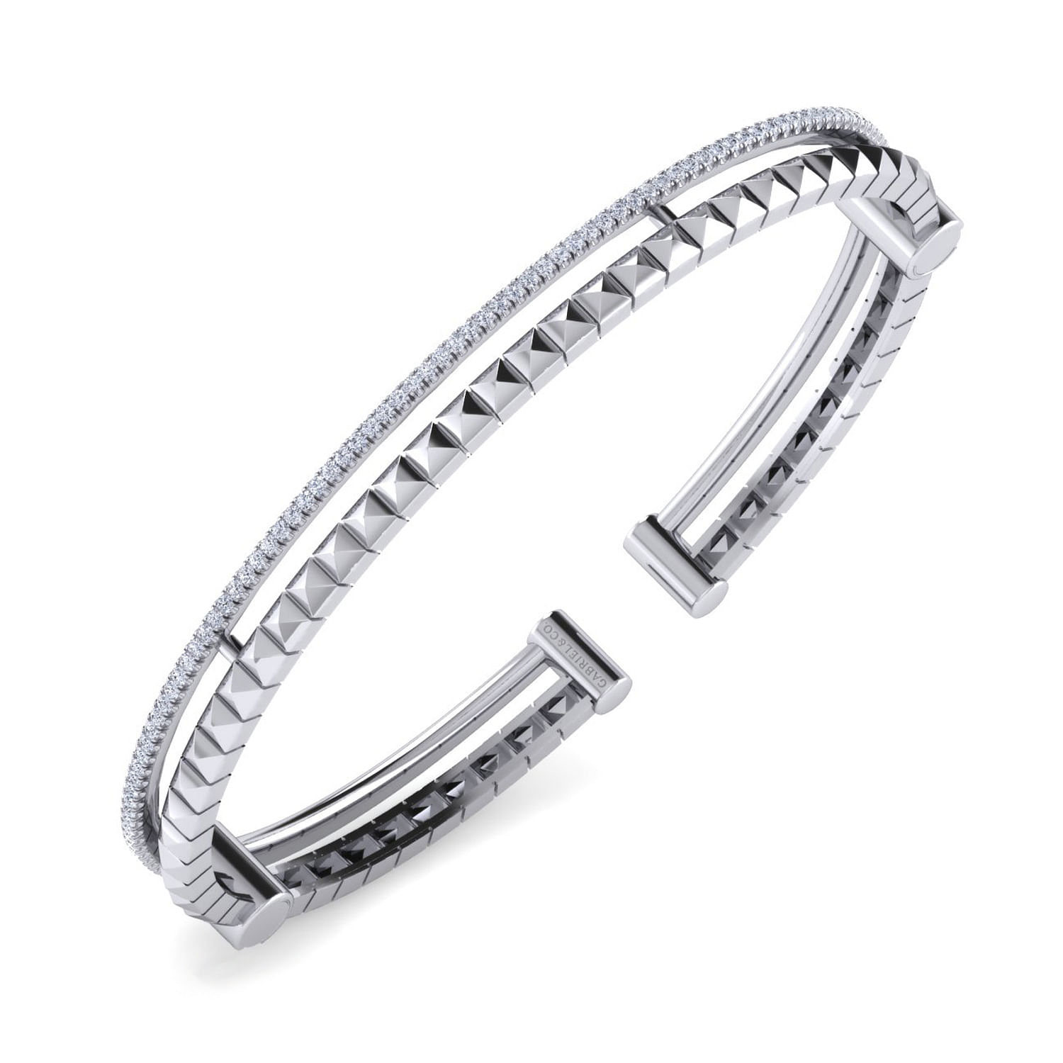 14K White Gold Split Cuff with Pyramids and Diamonds - 0.4 ct - Shot 2