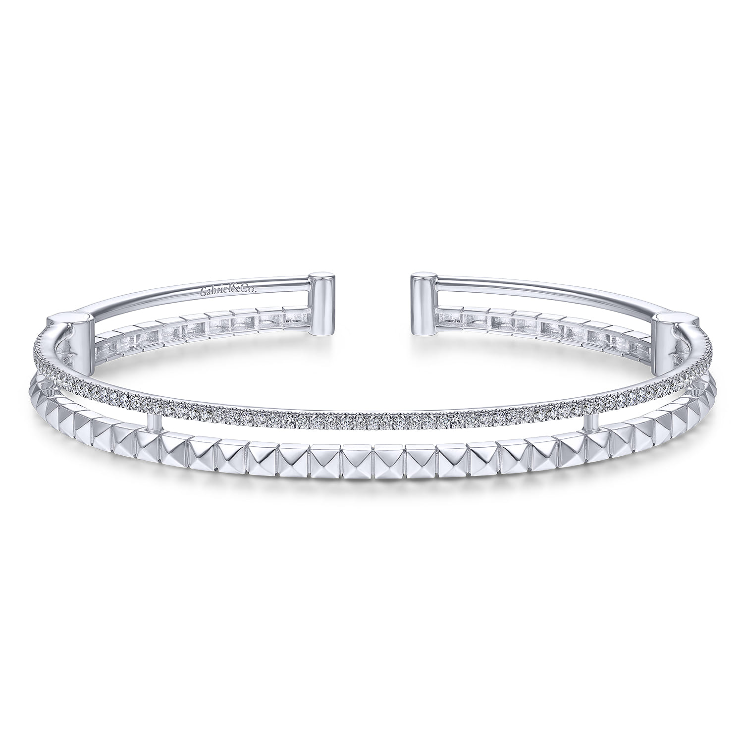 14K White Gold Split Cuff with Pyramids and Diamonds - 0.4 ct - Shot 1