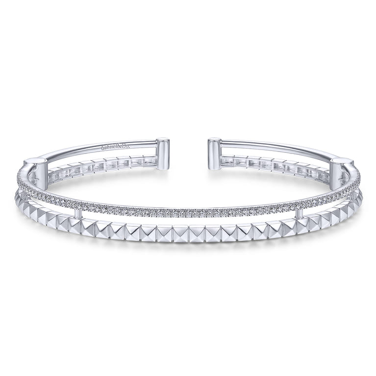 14K White Gold Split Cuff with Pyramids and Diamonds - 0.4 ct - Shot 1