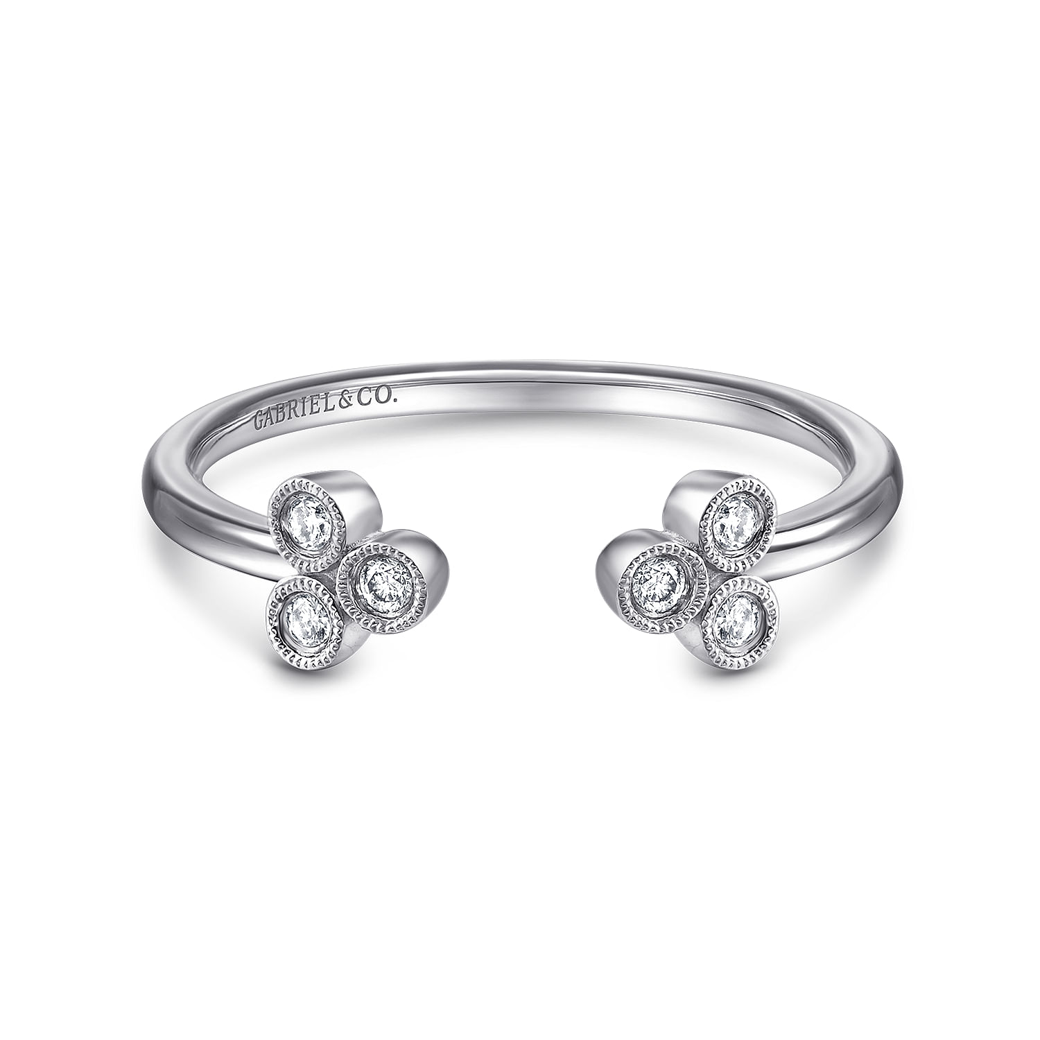 14K White Gold Split Ring with Bezel Set Triple Diamond Clusters