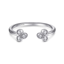 14K White Gold Split Ring with Bezel Set Triple Diamond Clusters