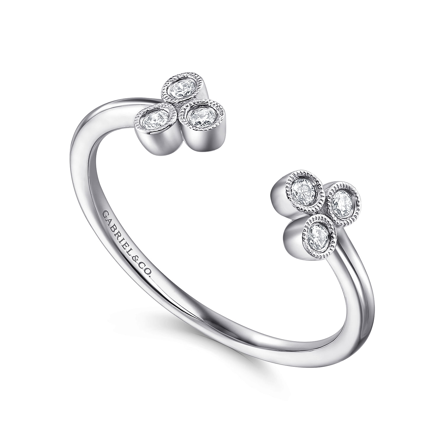 14K White Gold Split Ring with Bezel Set Triple Diamond Clusters