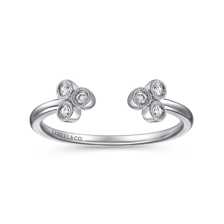 14K White Gold Split Ring with Bezel Set Triple Diamond Clusters