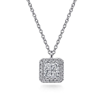 14K White Gold Square Cluster Diamond Pendant Necklace
