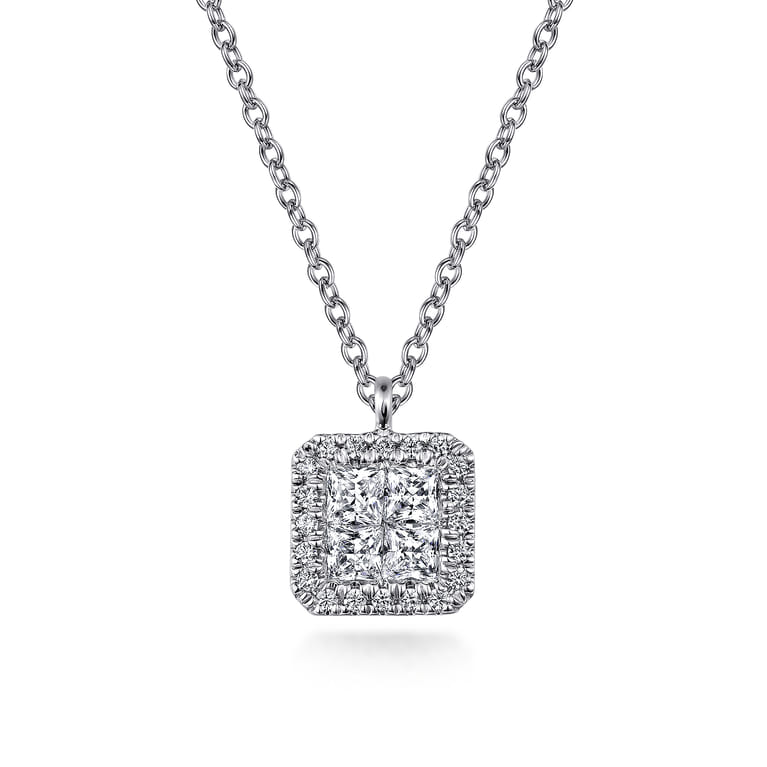14K White Gold Square Cluster Diamond Pendant Necklace - 0.45 ct - Shot 1