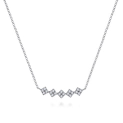14K White Gold Square Station Diamond Pave Curved Bar Necklace