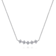 14K White Gold Square Station Diamond Pave Curved Bar Necklace