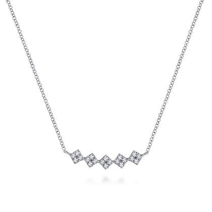 14K White Gold Square Station Diamond Pave Curved Bar Necklace