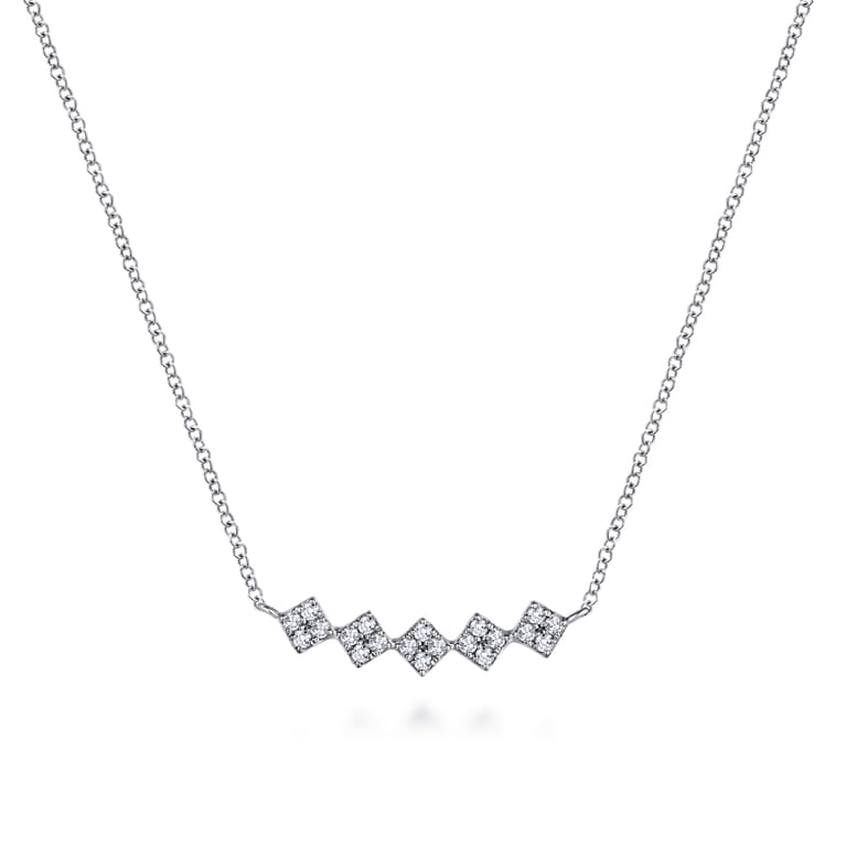 14K White Gold Square Station Diamond Pave Curved Bar Necklace - 0.2 ct - Shot 1