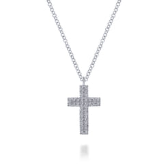 14K White Gold Straight Pave Diamond Cross Necklace