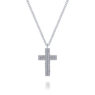 14K White Gold Straight Pave Diamond Cross Necklace