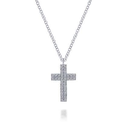 14K White Gold Straight Pave Diamond Cross Necklace