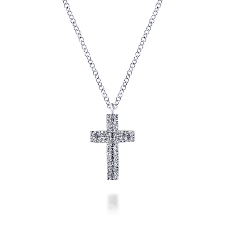 14K White Gold Straight Pave Diamond Cross Necklace - 0.18 ct - Shot 1
