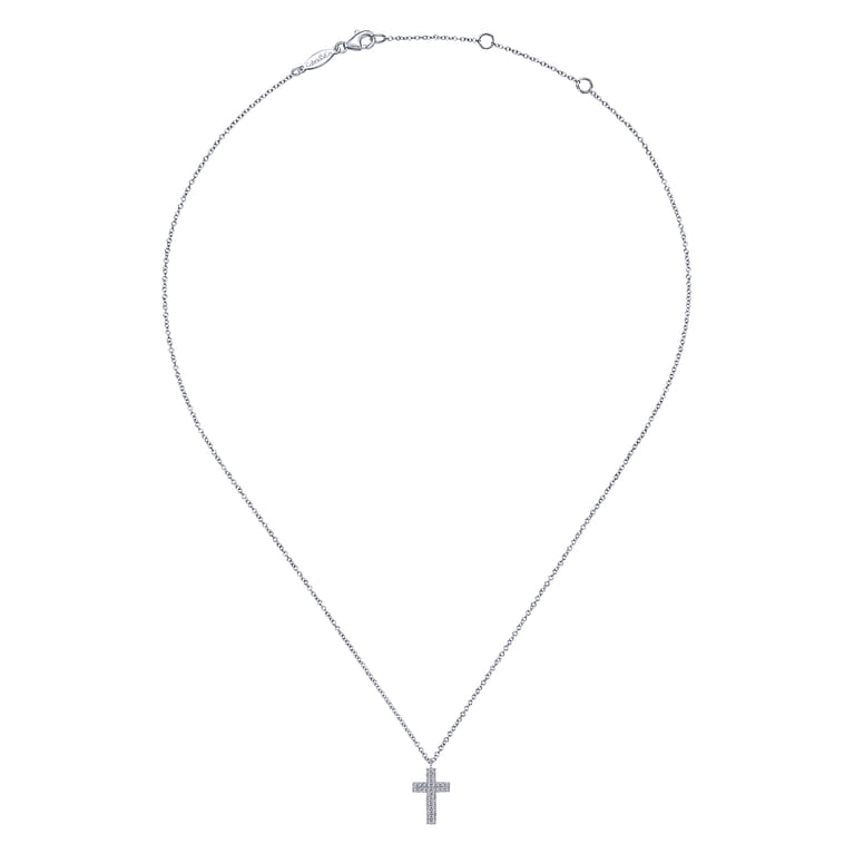 14K White Gold Straight Pave Diamond Cross Necklace - 0.18 ct - Shot 2