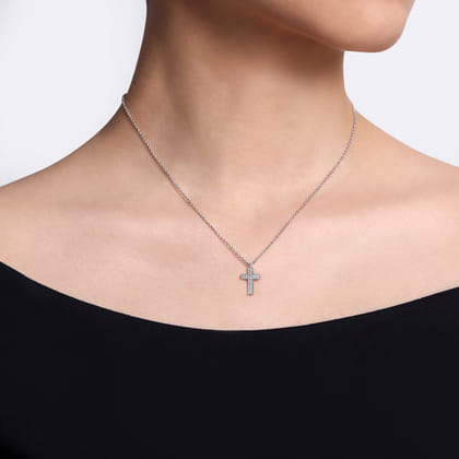 14K White Gold Straight Pave Diamond Cross Necklace