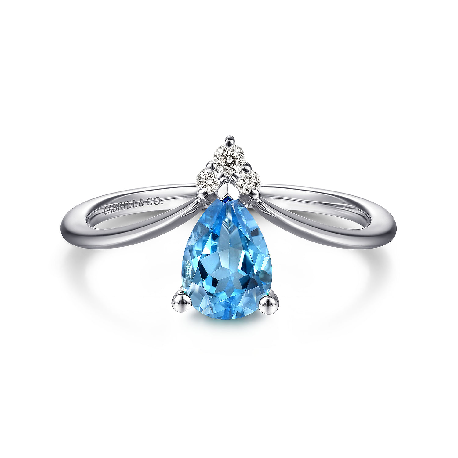 14K White Gold Swiss Blue Topaz Diamond Chevron Ring