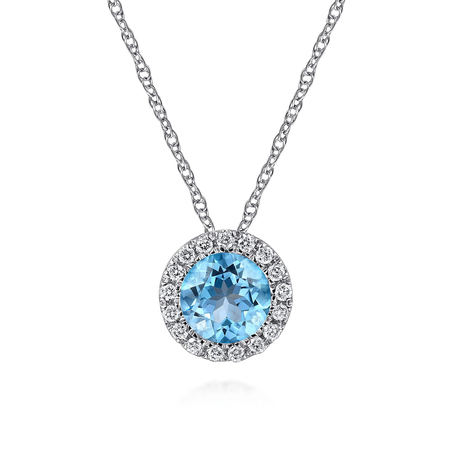 14K White Gold Swiss Blue Topaz and Diamond Halo Pendant Necklace