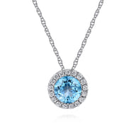 14K White Gold Swiss Blue Topaz and Diamond Halo Pendant Necklace