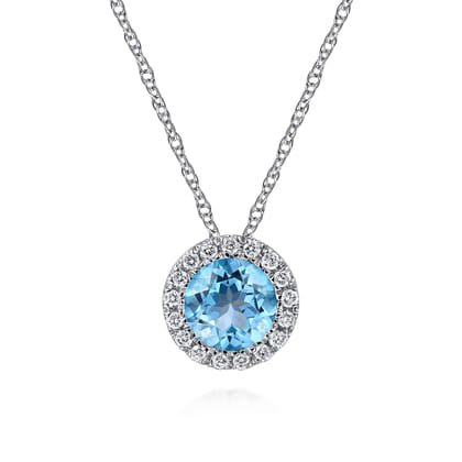14K White Gold Swiss Blue Topaz and Diamond Halo Pendant Necklace