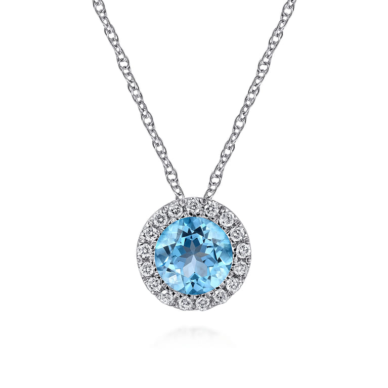 14K White Gold Swiss Blue Topaz and Diamond Halo Pendant Necklace - 0.06 ct - Shot 1
