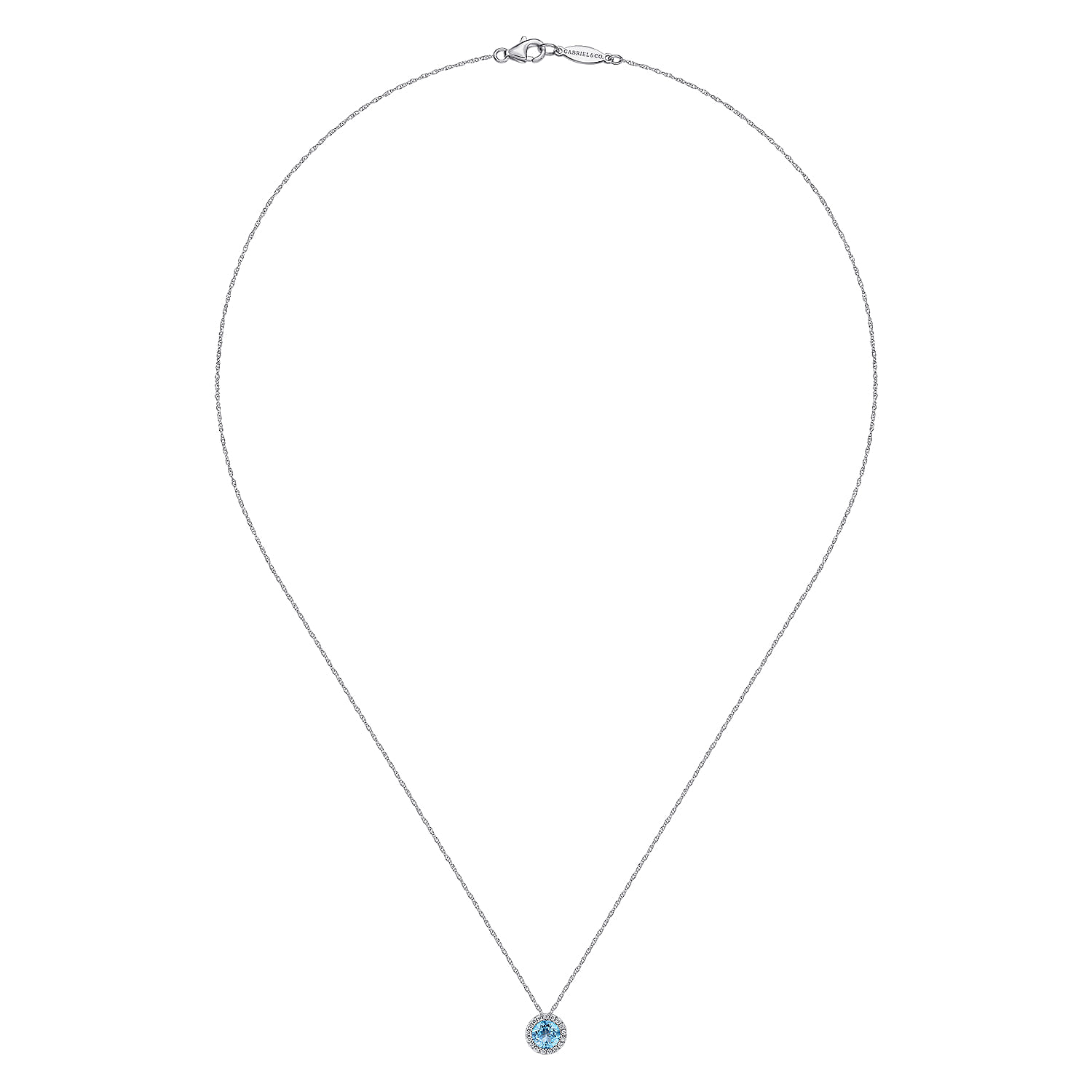 14K White Gold Swiss Blue Topaz and Diamond Halo Pendant Necklace
