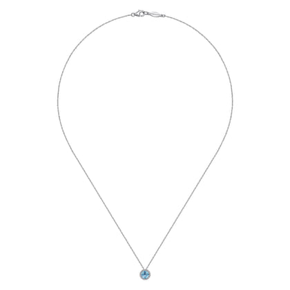14K White Gold Swiss Blue Topaz and Diamond Halo Pendant Necklace