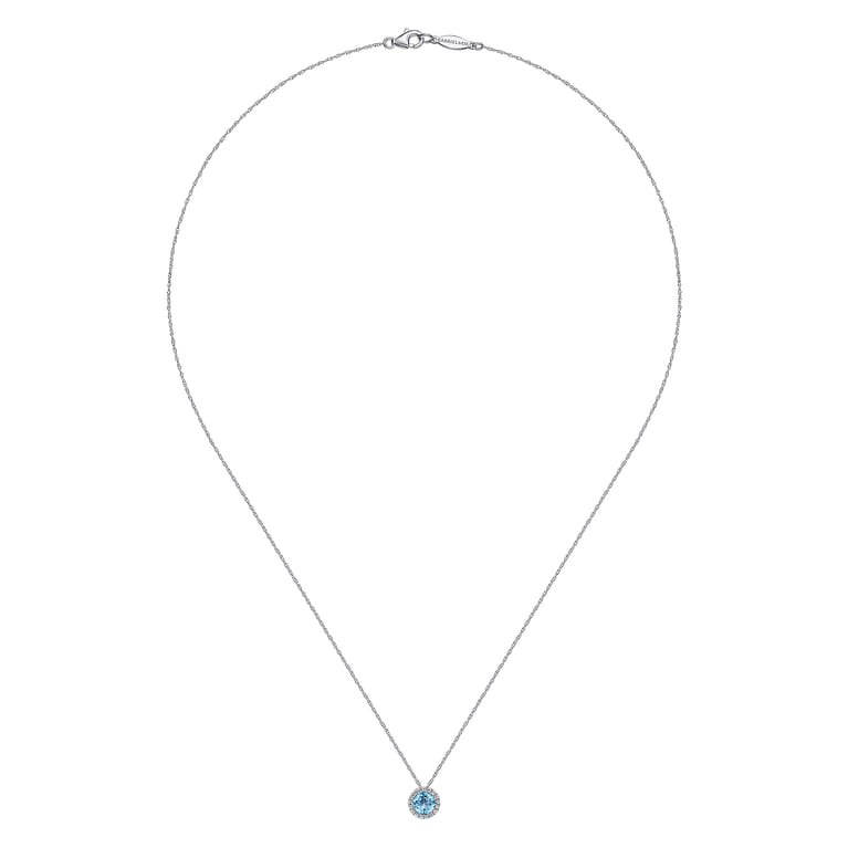 14K White Gold Swiss Blue Topaz and Diamond Halo Pendant Necklace - 0.06 ct - Shot 2