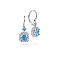 14K White Gold Swiss Blue Topaz with Diamond Halo Leverback Earrings