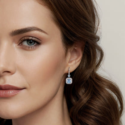 14K White Gold Swiss Blue Topaz with Diamond Halo Leverback Earrings