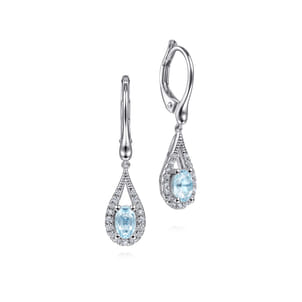 14K White Gold Teardrop Aquamarine and Diamond Drop Earrings