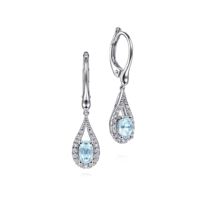 14K White Gold Teardrop Aquamarine and Diamond Drop Earrings