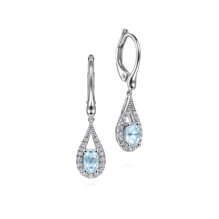 14K White Gold Teardrop Aquamarine and Diamond Drop Earrings - 0.21 ct - Shot 1
