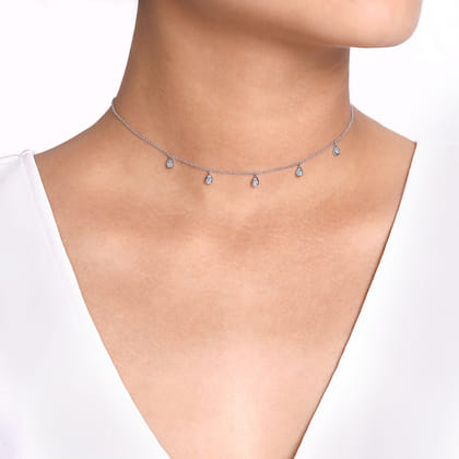 14K White Gold Teardrop Bezel Set Diamond Drop Necklace