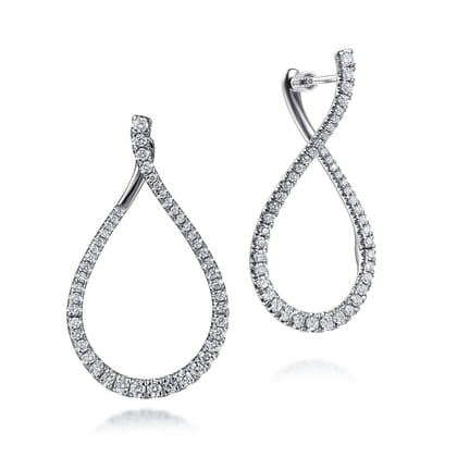 14K White Gold Teardrop Diamond Bypass Hoop Earrings