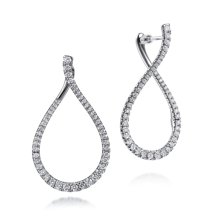 14K White Gold Teardrop Diamond Bypass Hoop Earrings - 1.3 ct - Shot 1