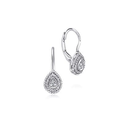 14K White Gold Teardrop Diamond Drop Earrings with Twisted Rope Frames
