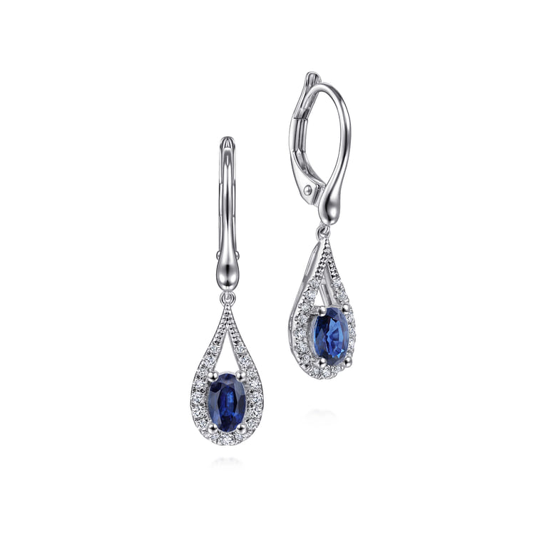 14K White Gold Teardrop Sapphire and Diamond Drop Earrings - 0.21 ct - Shot 1