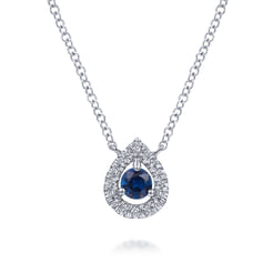 14K White Gold Teardrop Sapphire and Diamond Halo Pendant Necklace