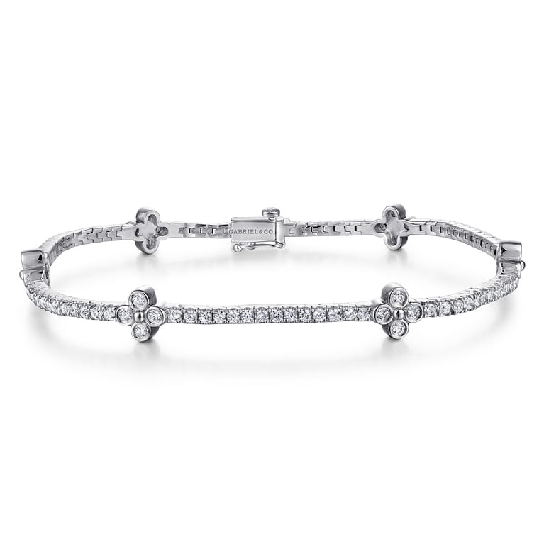 14K White Gold Tennis Bracelet with Quatrefoil Diamond Stations - 1.5 ct - Shot 1