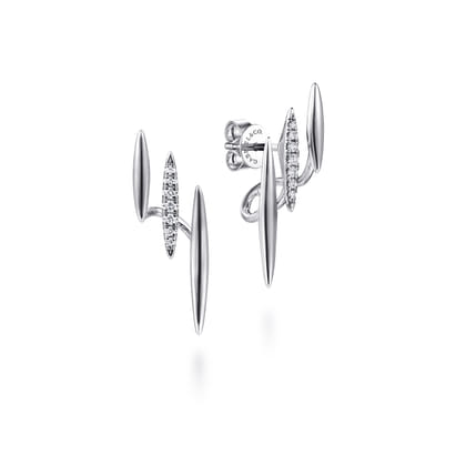 14K White Gold Three Bar Diamond Stud Earrings