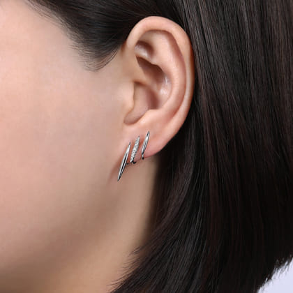 14K White Gold Three Bar Diamond Stud Earrings